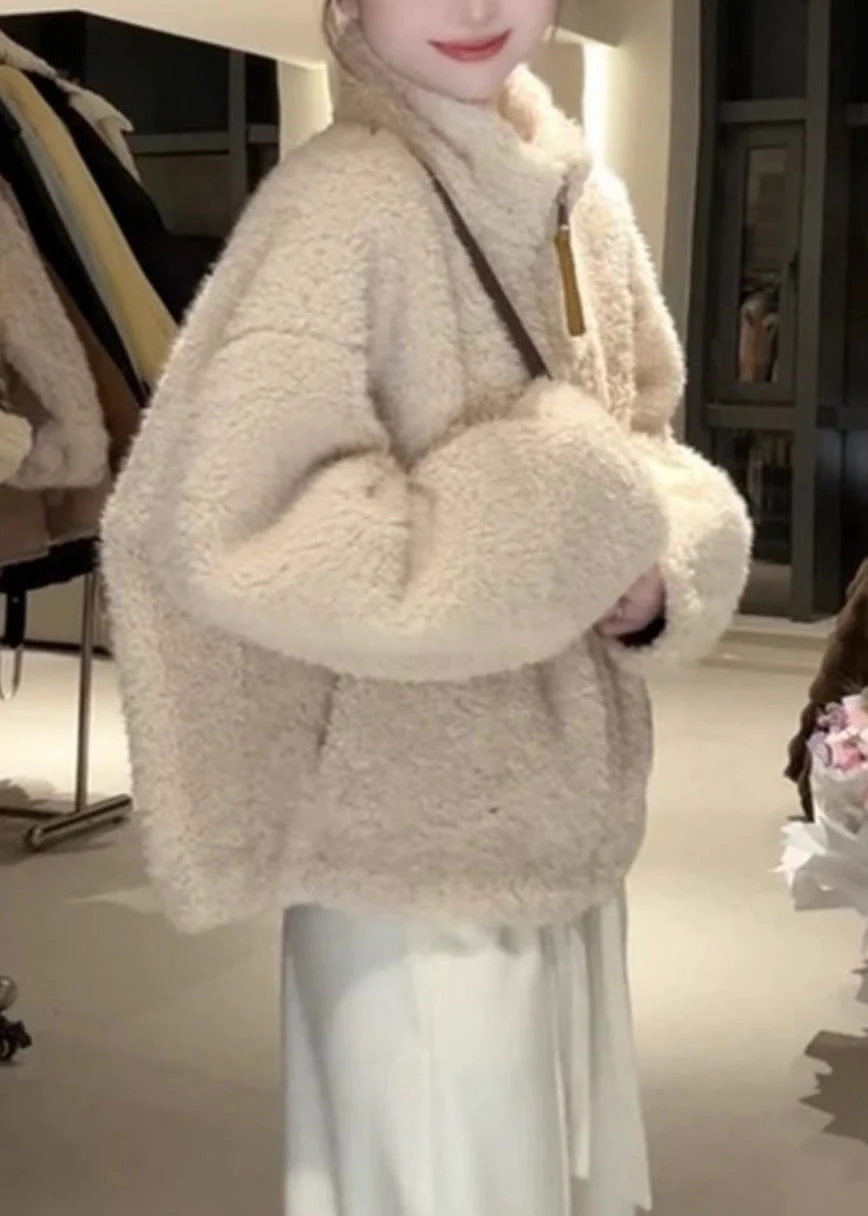 Simple Yellow Stand Collar Zippered Pockets Fluffy Coat - Image 4