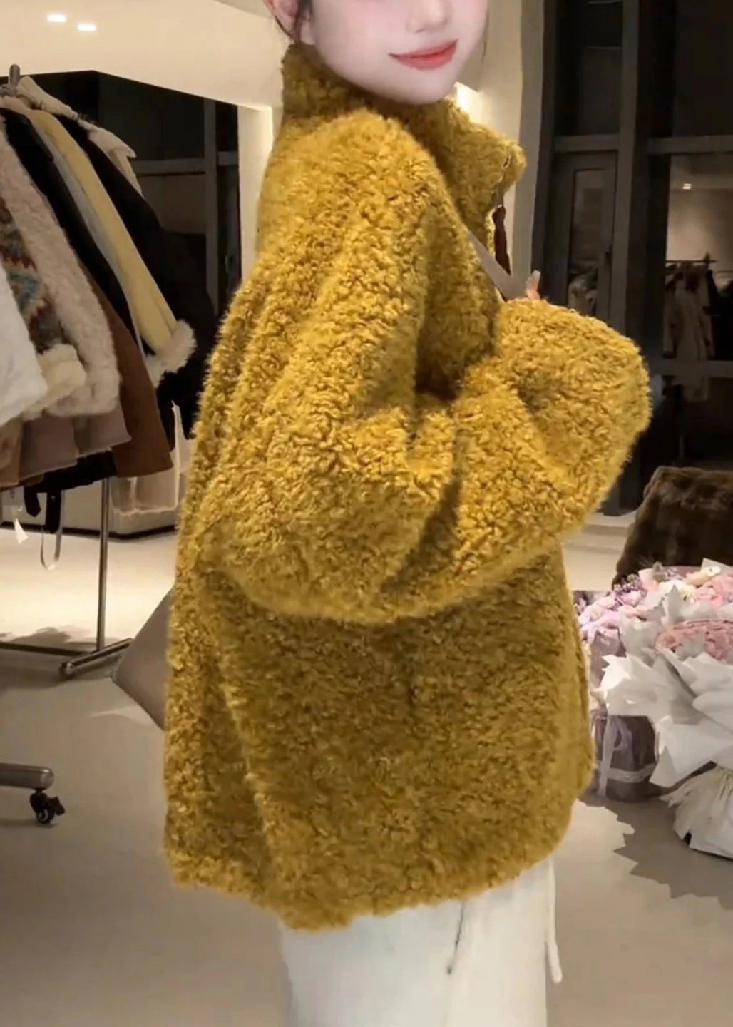 Simple Yellow Stand Collar Zippered Pockets Fluffy Coat - Image 5