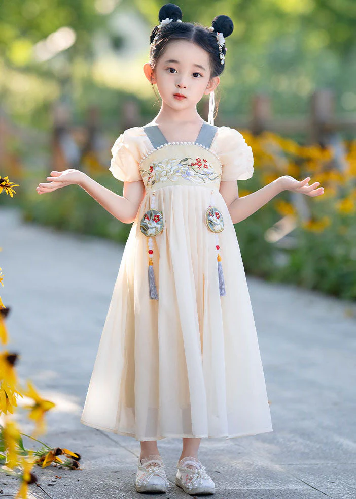 Simple Yellow Tasseled Embroideried Nail Bead Patchwork Baby Girls Dress Summer - Image 3