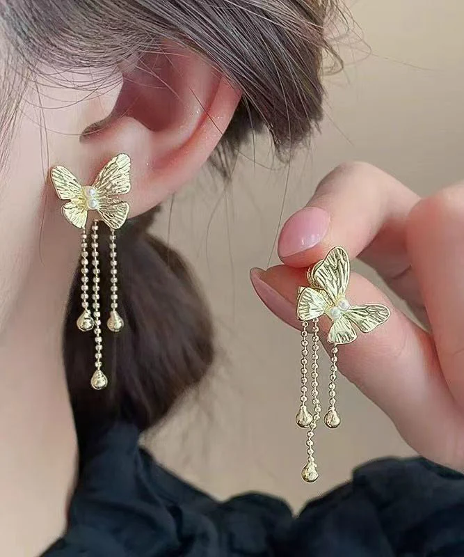 Skinny Gold Alloy Butterfly Tassel Drop Earrings