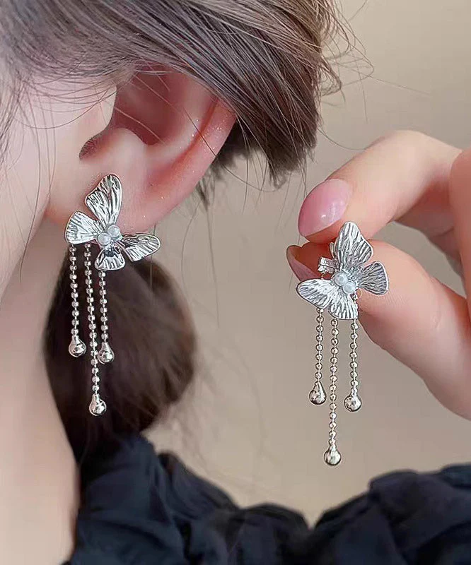 Skinny Gold Alloy Butterfly Tassel Drop Earrings - Image 2