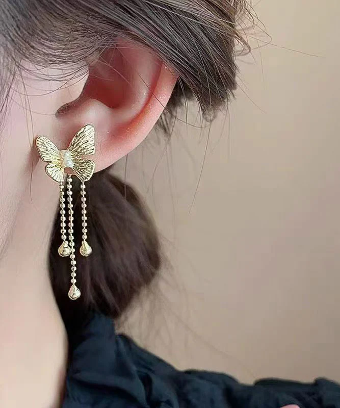 Skinny Gold Alloy Butterfly Tassel Drop Earrings - Image 3
