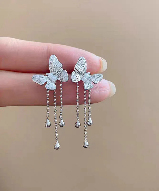 Skinny Gold Alloy Butterfly Tassel Drop Earrings - Image 4