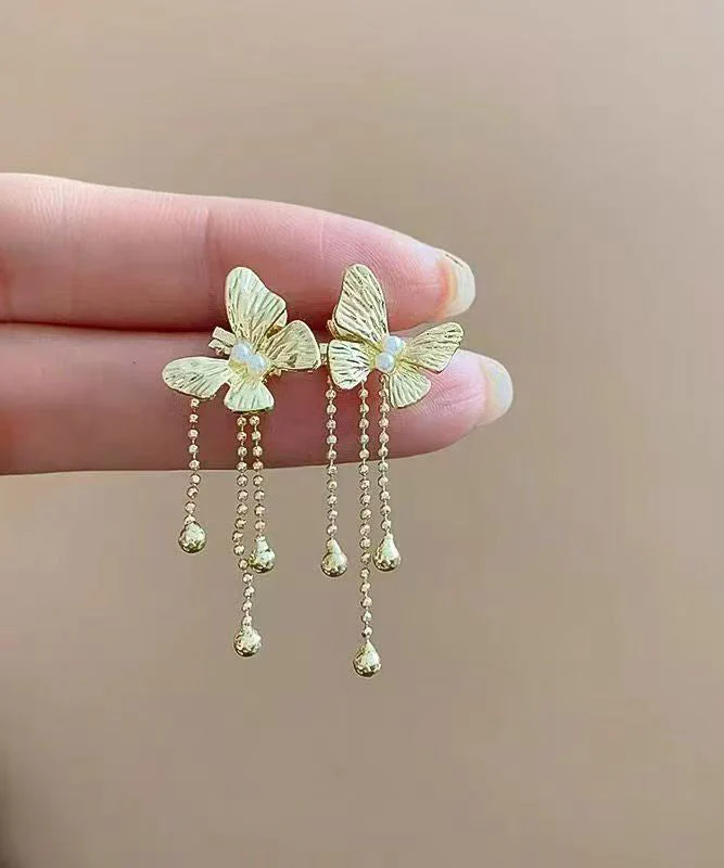 Skinny Gold Alloy Butterfly Tassel Drop Earrings - Image 5