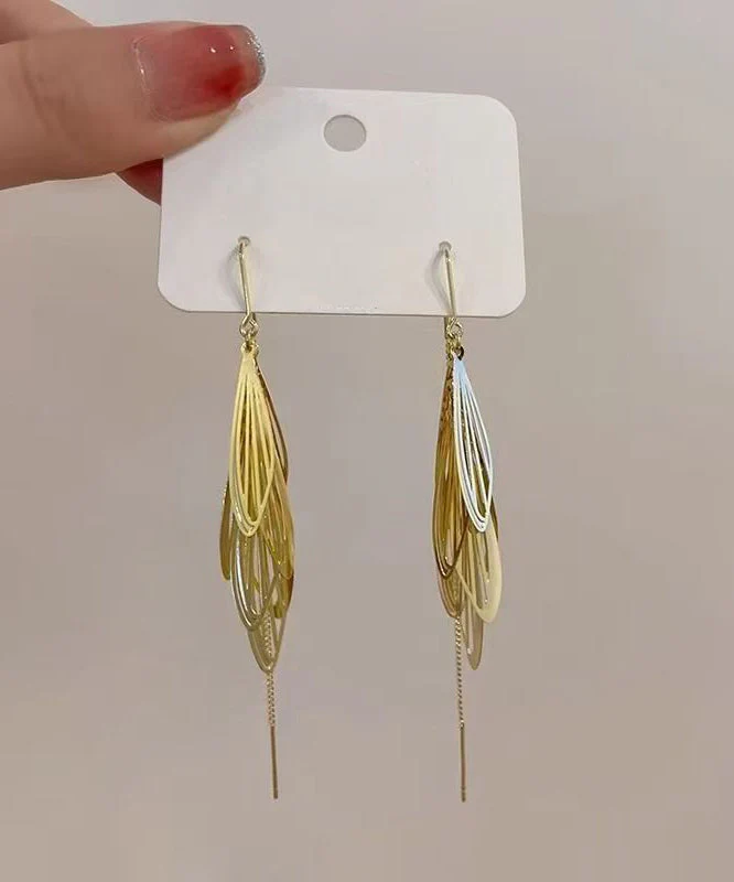 Skinny Gold Copper Alloy Hollow Out Tassel Drop Earrings - Image 2