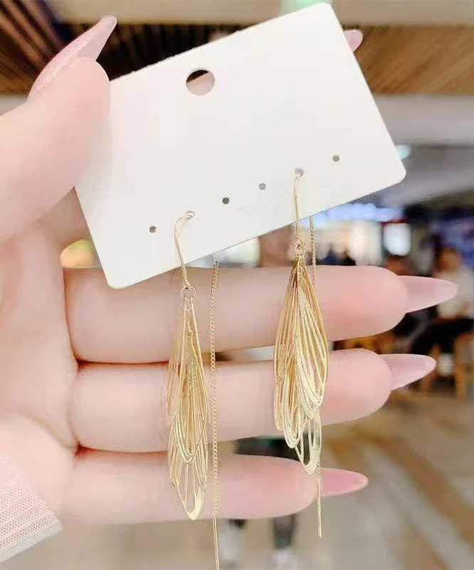Skinny Gold Copper Alloy Hollow Out Tassel Drop Earrings - Image 4