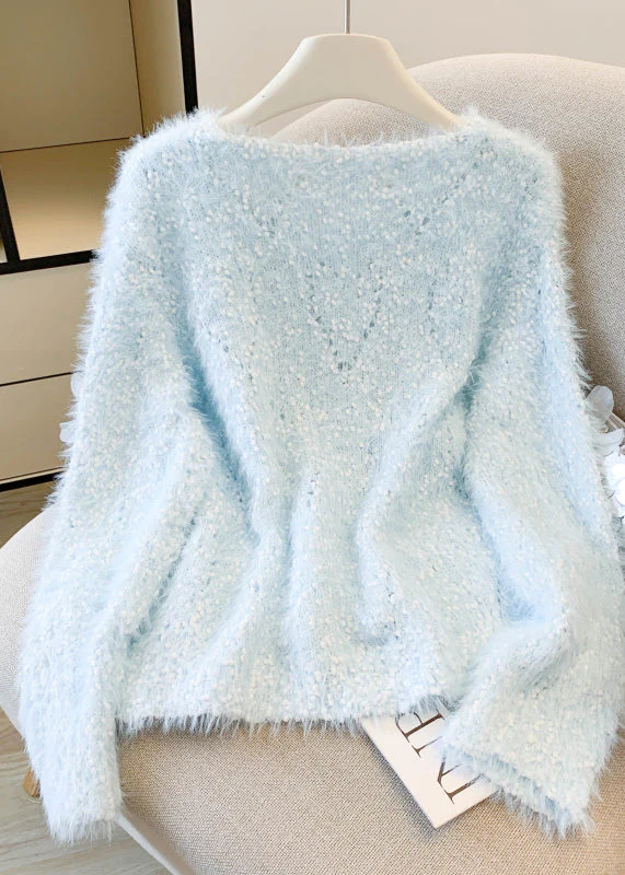 Sky Blue Floral Decorated Sweaters Oversized Nail Bead Winter - Image 3