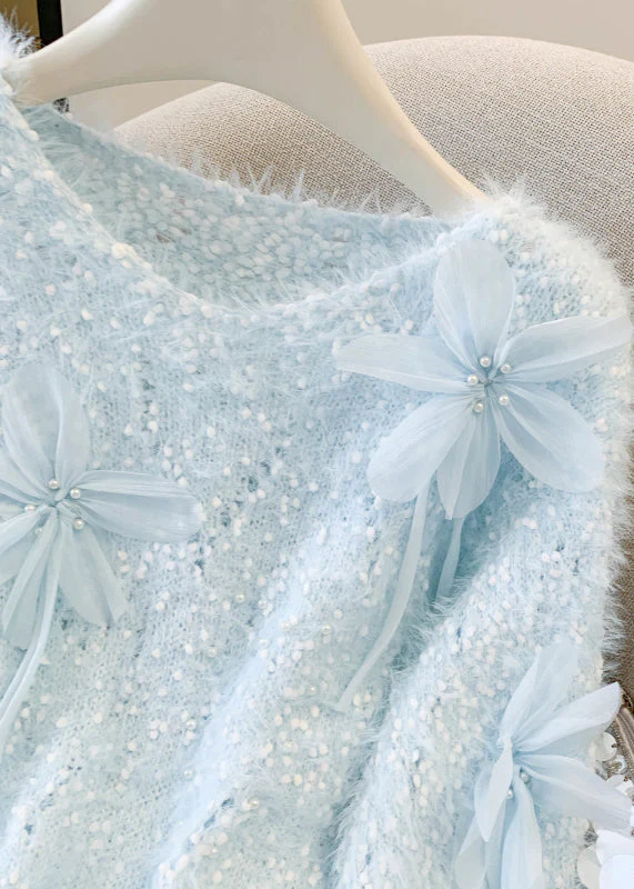 Sky Blue Floral Decorated Sweaters Oversized Nail Bead Winter - Image 4