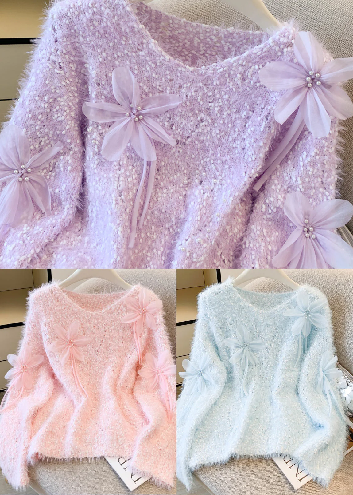 Sky Blue Floral Decorated Sweaters Oversized Nail Bead Winter - Image 5