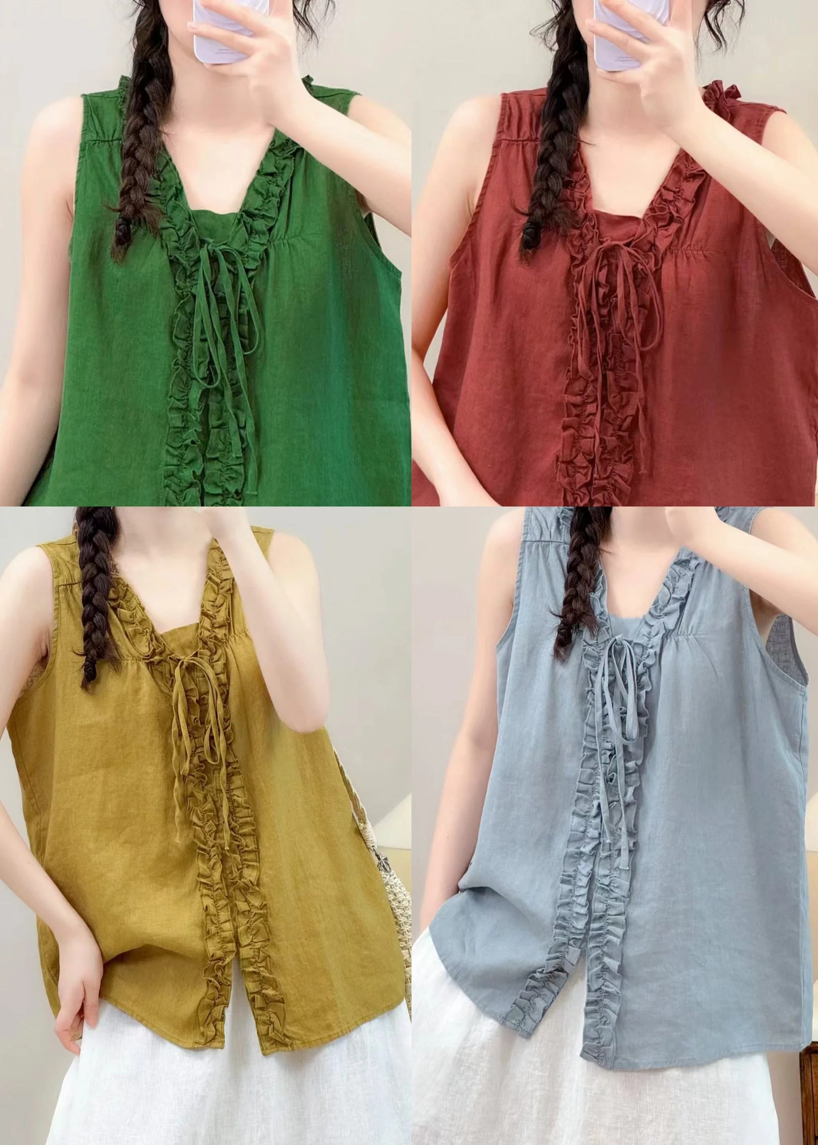 Sky Blue Linen Shirts Ruffled Lace Up Sleeveless - Image 5
