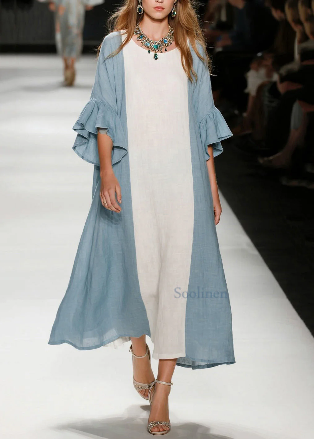 Sky Blue Patchwork Cotton Dresses Oversized Flare Sleeve - Image 3