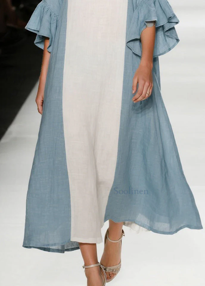 Sky Blue Patchwork Cotton Dresses Oversized Flare Sleeve - Image 4