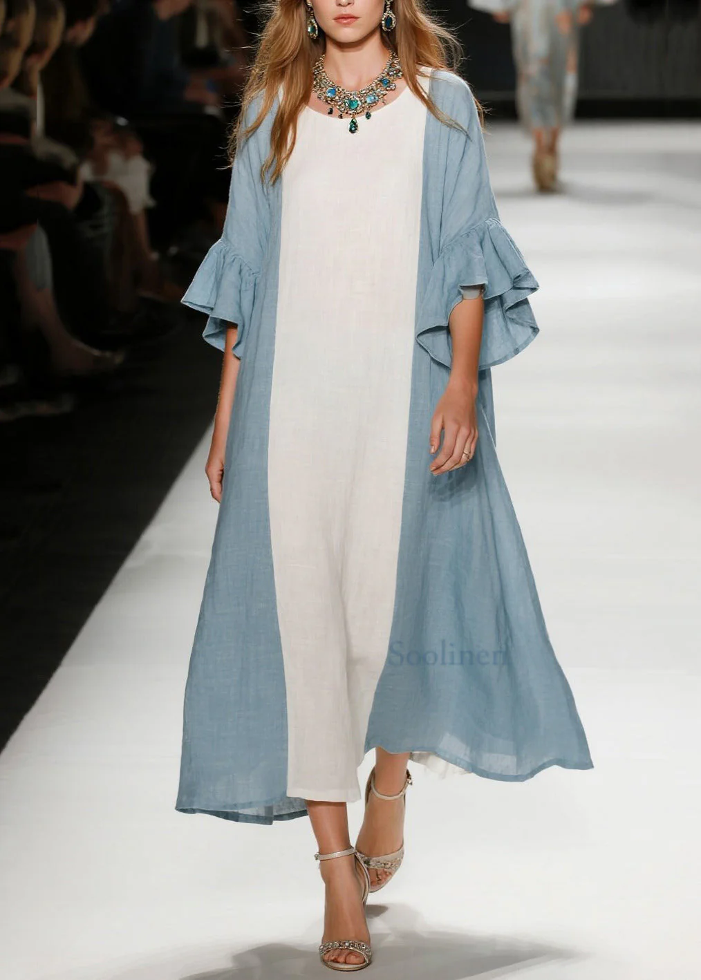 Sky Blue Patchwork Cotton Dresses Oversized Flare Sleeve - Image 5