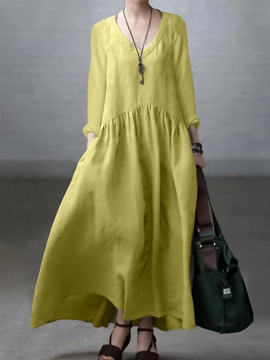 Sky blue Simple and Loose V-neck Cotton and Linen Dress - Image 3