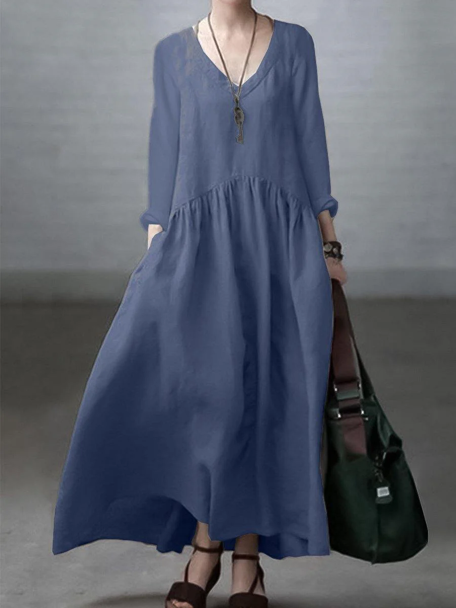 Sky blue Simple and Loose V-neck Cotton and Linen Dress - Image 5