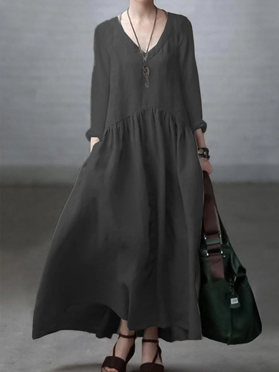 Sky blue Simple and Loose V-neck Cotton and Linen Dress - Image 6