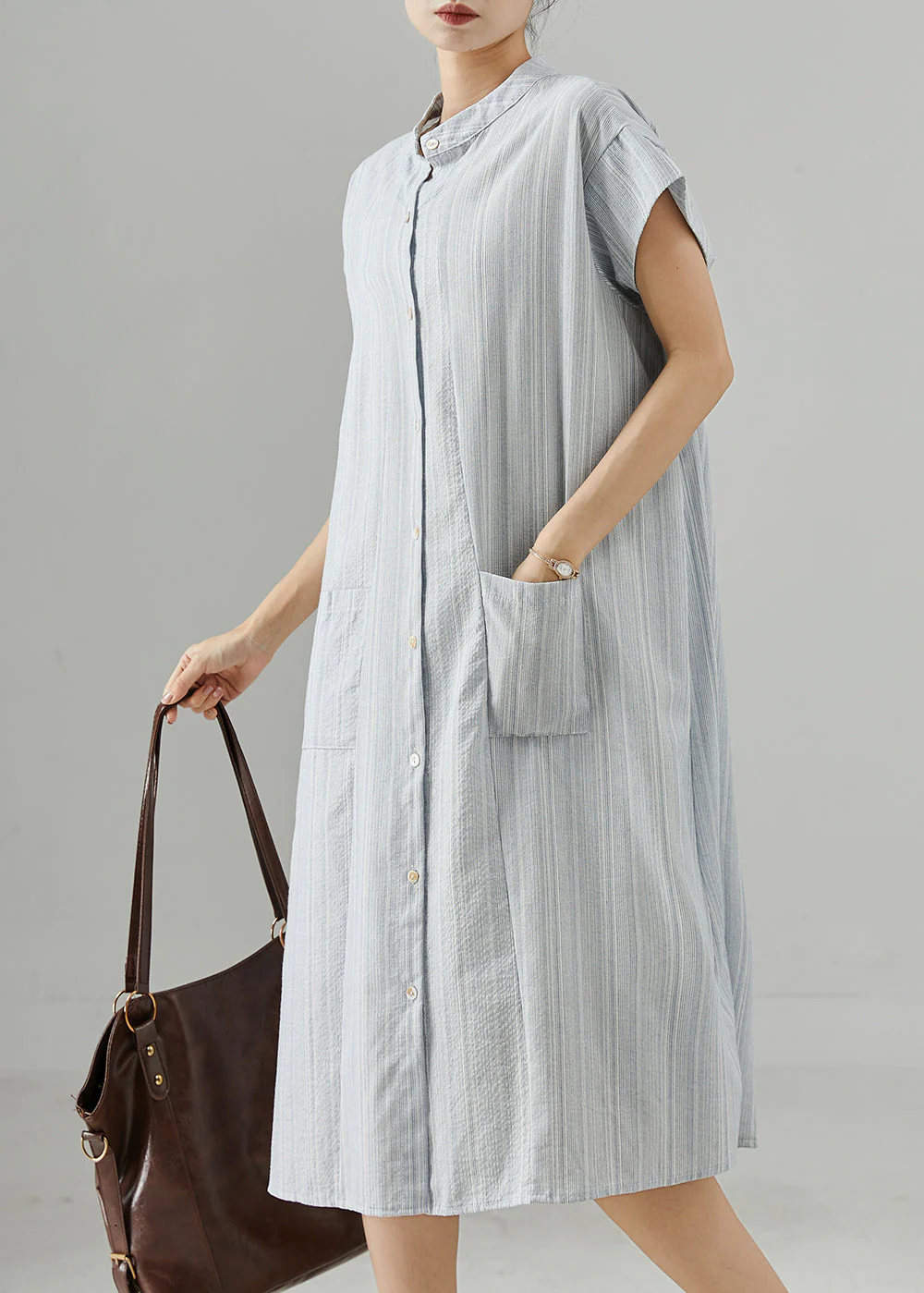 Sky Blue Striped Cotton Shirt Dress Pockets Summer - Image 2