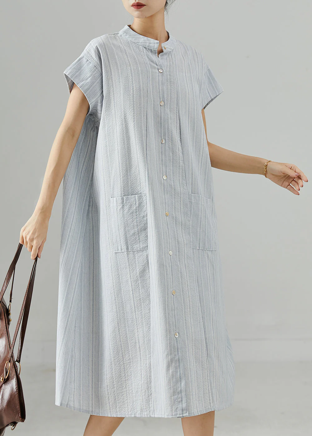 Sky Blue Striped Cotton Shirt Dress Pockets Summer - Image 3
