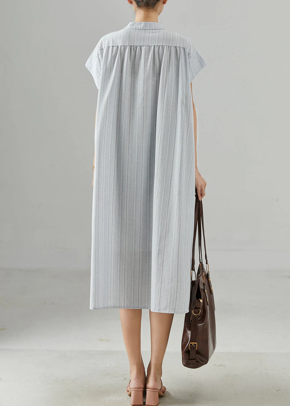 Sky Blue Striped Cotton Shirt Dress Pockets Summer - Image 4