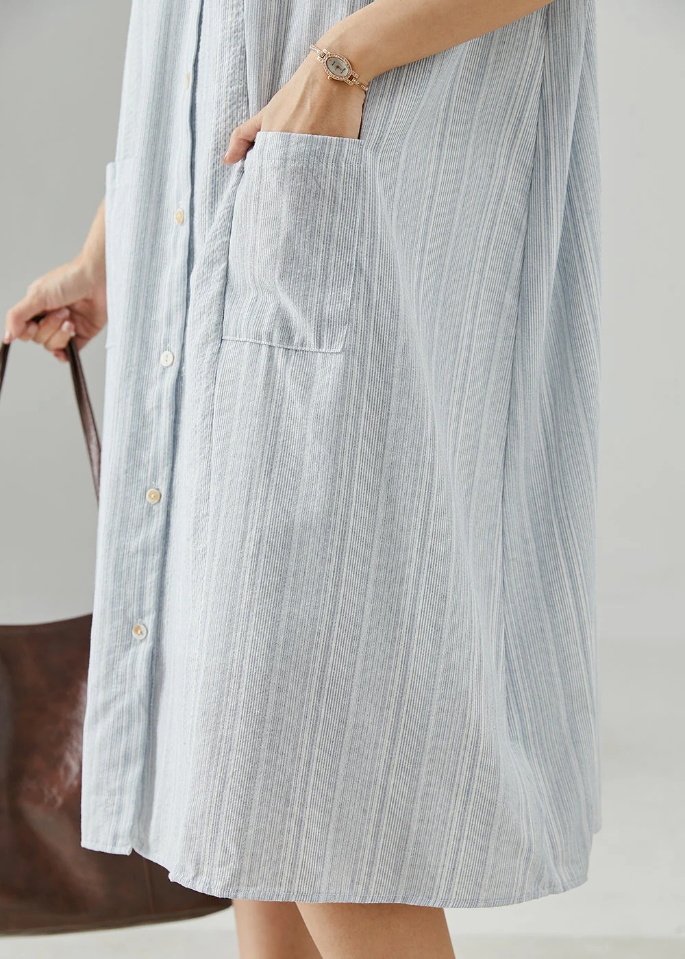 Sky Blue Striped Cotton Shirt Dress Pockets Summer - Image 5