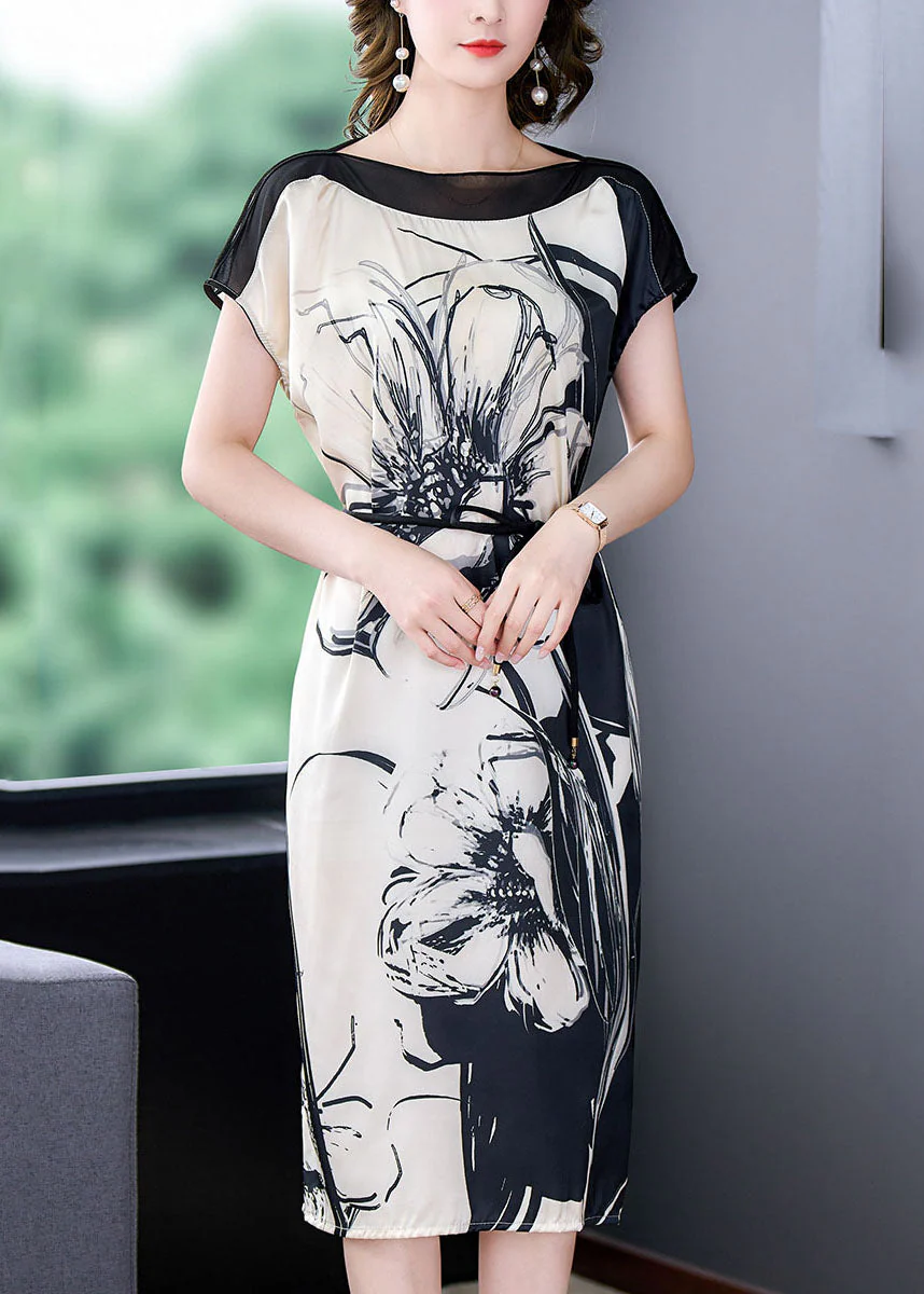 Slim Fit Apricot Slash neck Tie Dye Sashes Chiffon Vacation Dresses Short Sleeve - Image 3