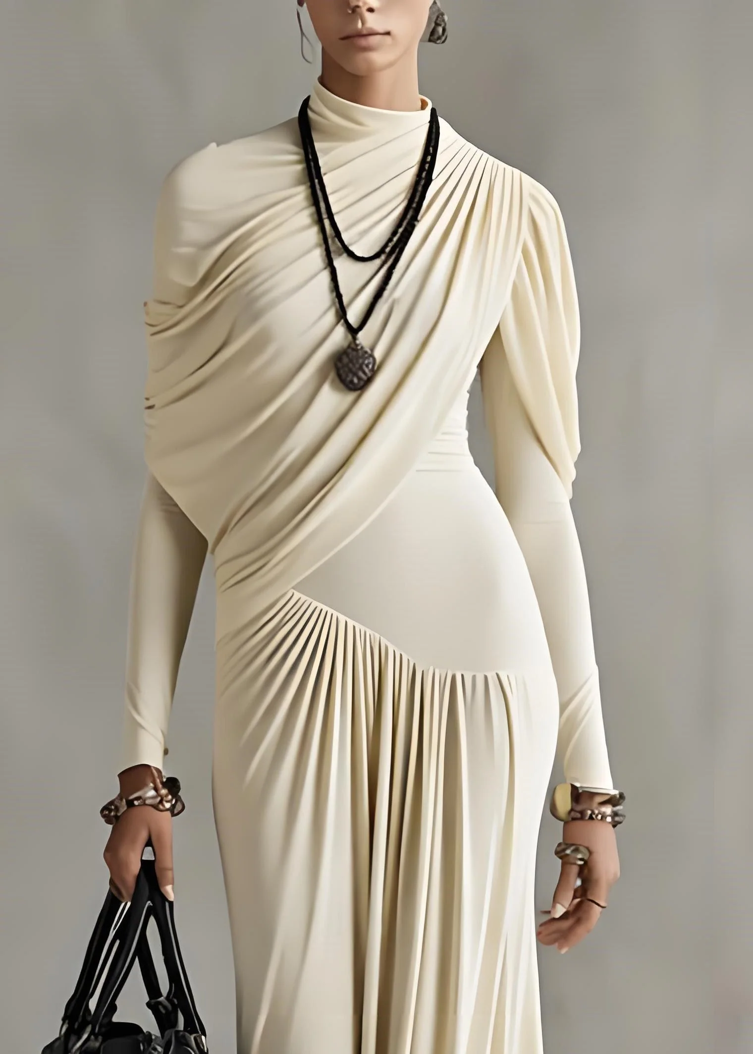 Slim Fit Apricot Wrinkled Solid Cotton Long Dresses Spring - Image 2
