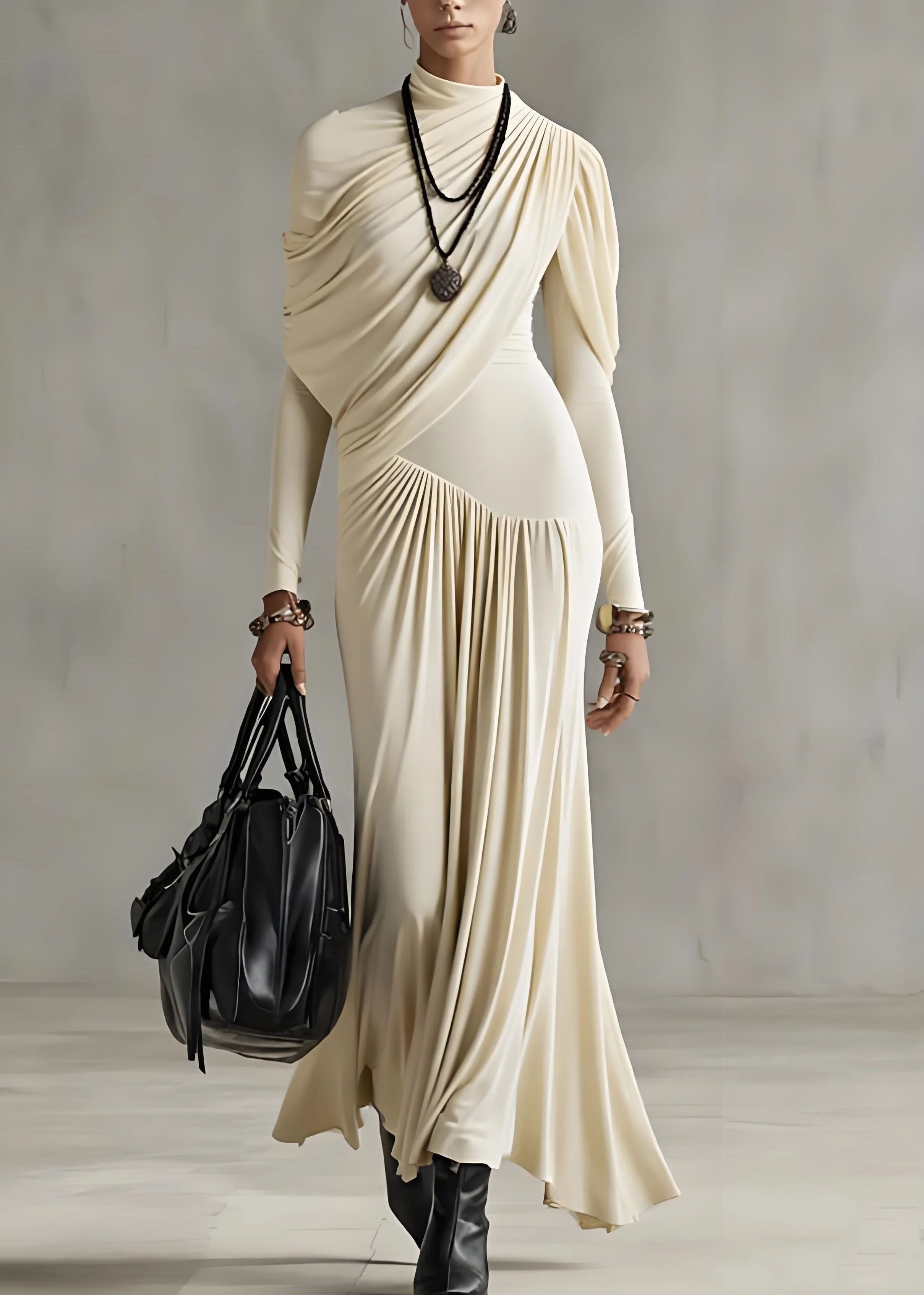 Slim Fit Apricot Wrinkled Solid Cotton Long Dresses Spring - Image 5