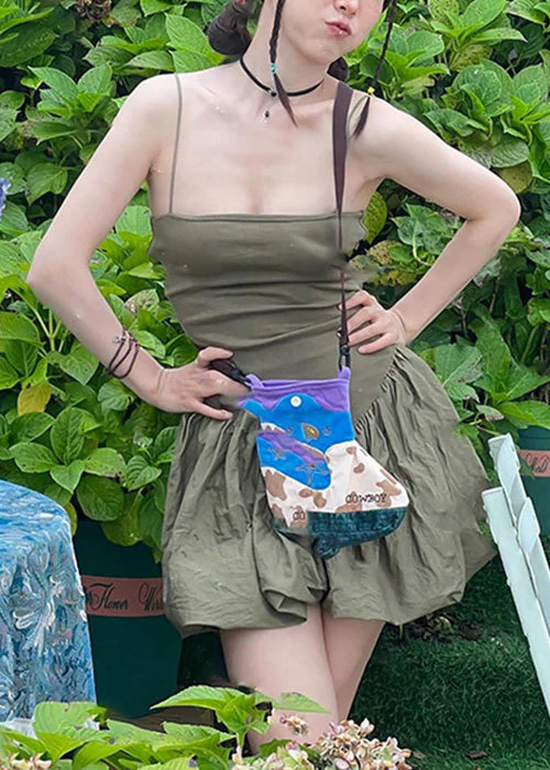 Slim Fit Army Green Backless Wrinkled Cotton Spaghetti Strap Dress Sleeveless - Image 2