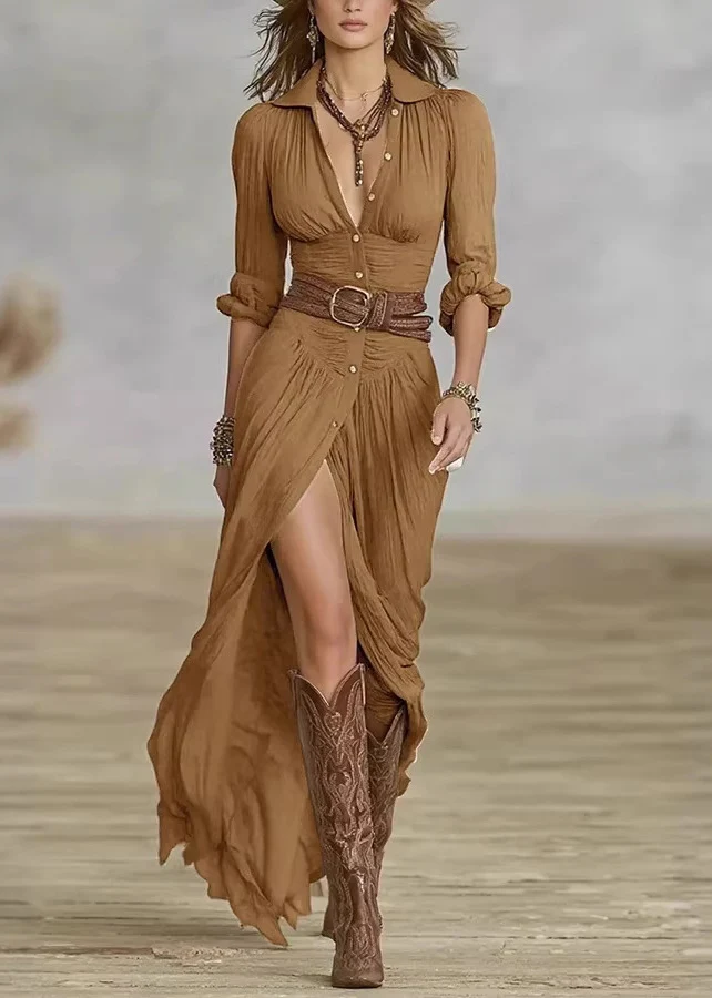 Slim Fit Army Green Wrinkled Button Solid Cotton Maxi Dresses Spring - Image 4