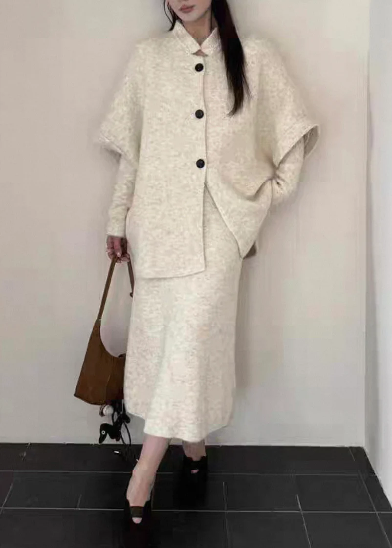 Slim Fit Beige Button Coat And Dresses Knit Three Piece Set Spring - Image 2