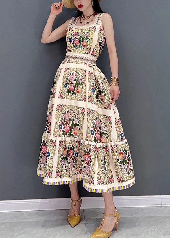 Slim Fit Beige Print Chiffon Spaghetti Strap Dress Sleeveless - Image 2