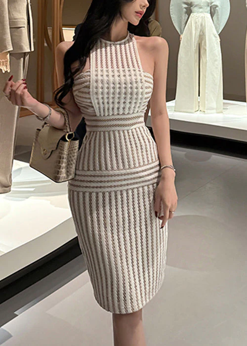Slim Fit Beige Striped Hollow Out Lace Dress Sleeveless - Image 2