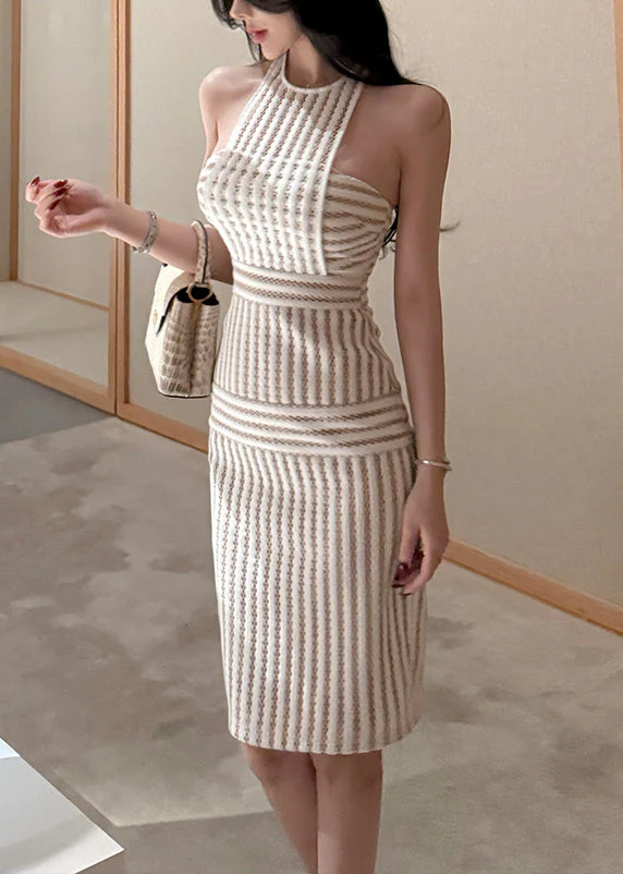Slim Fit Beige Striped Hollow Out Lace Dress Sleeveless - Image 3