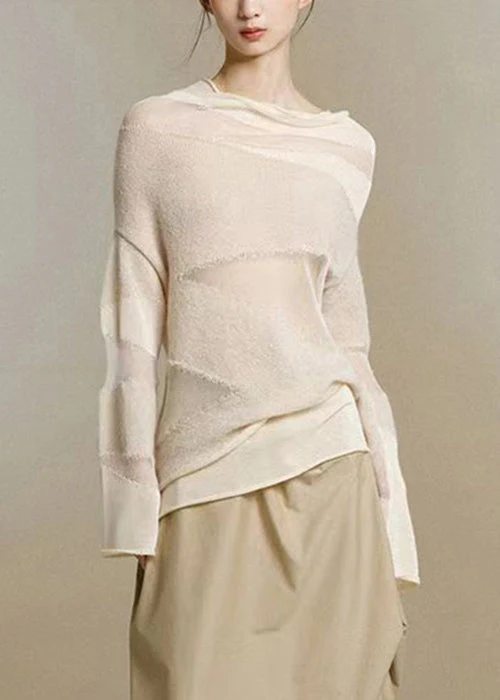 Slim Fit Beige Turtleneck Tulle Patchwork Thin Knit Top Fall - Image 3
