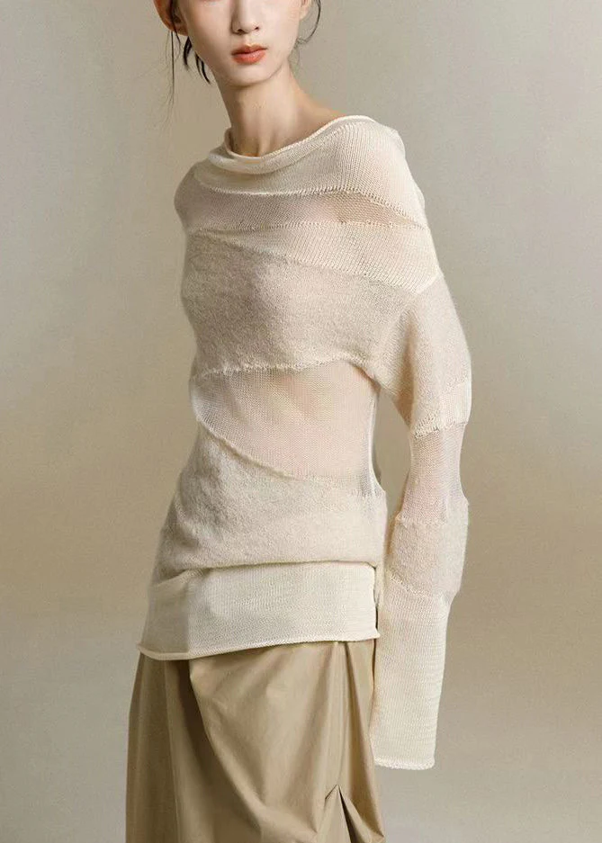 Slim Fit Beige Turtleneck Tulle Patchwork Thin Knit Top Fall - Image 4