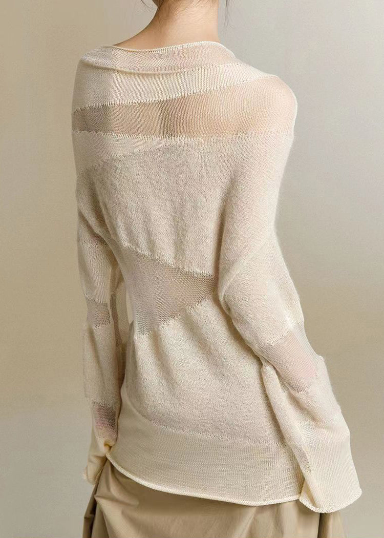 Slim Fit Beige Turtleneck Tulle Patchwork Thin Knit Top Fall - Image 5