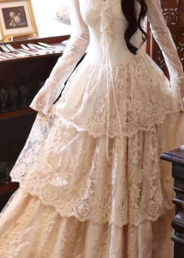 Slim Fit Beige V Neck Ruffled Patchwork Lace Maxi Dress Flare Sleeve
