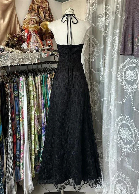 Slim Fit Black Backless Ruffled Lace Long Dress Sleeveless - Image 2