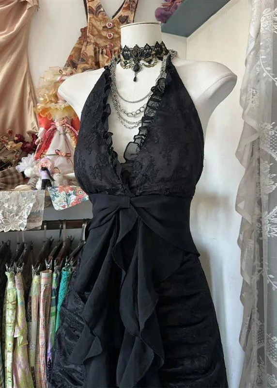 Slim Fit Black Backless Ruffled Lace Long Dress Sleeveless - Image 3