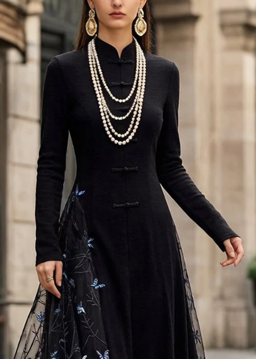 Slim Fit Black Chinese Button Butterfly Tulle Patchwork Long Dresses Spring - Image 2