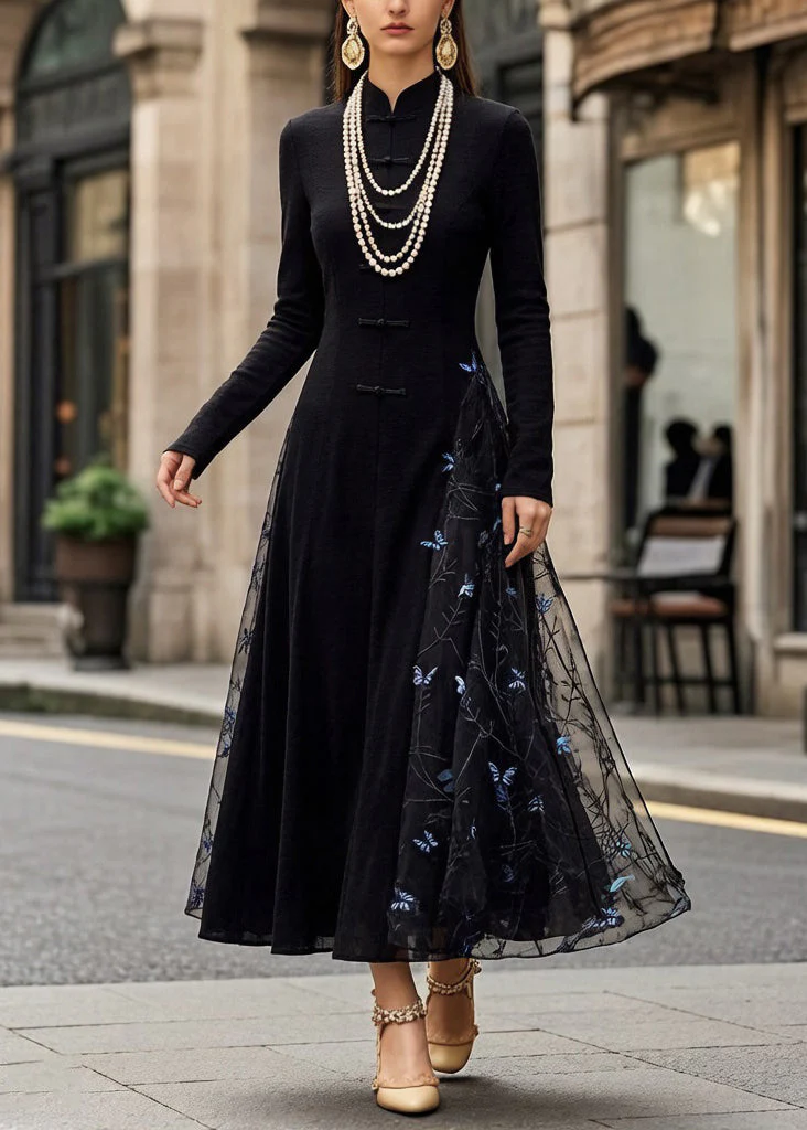 Slim Fit Black Chinese Button Butterfly Tulle Patchwork Long Dresses Spring - Image 3