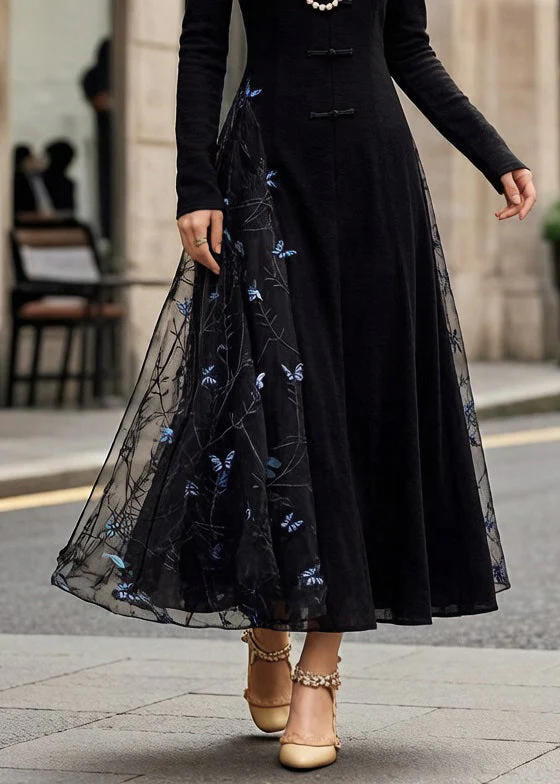 Slim Fit Black Chinese Button Butterfly Tulle Patchwork Long Dresses Spring - Image 4