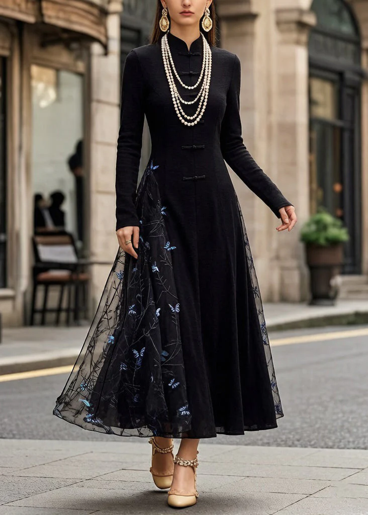 Slim Fit Black Chinese Button Butterfly Tulle Patchwork Long Dresses Spring - Image 5