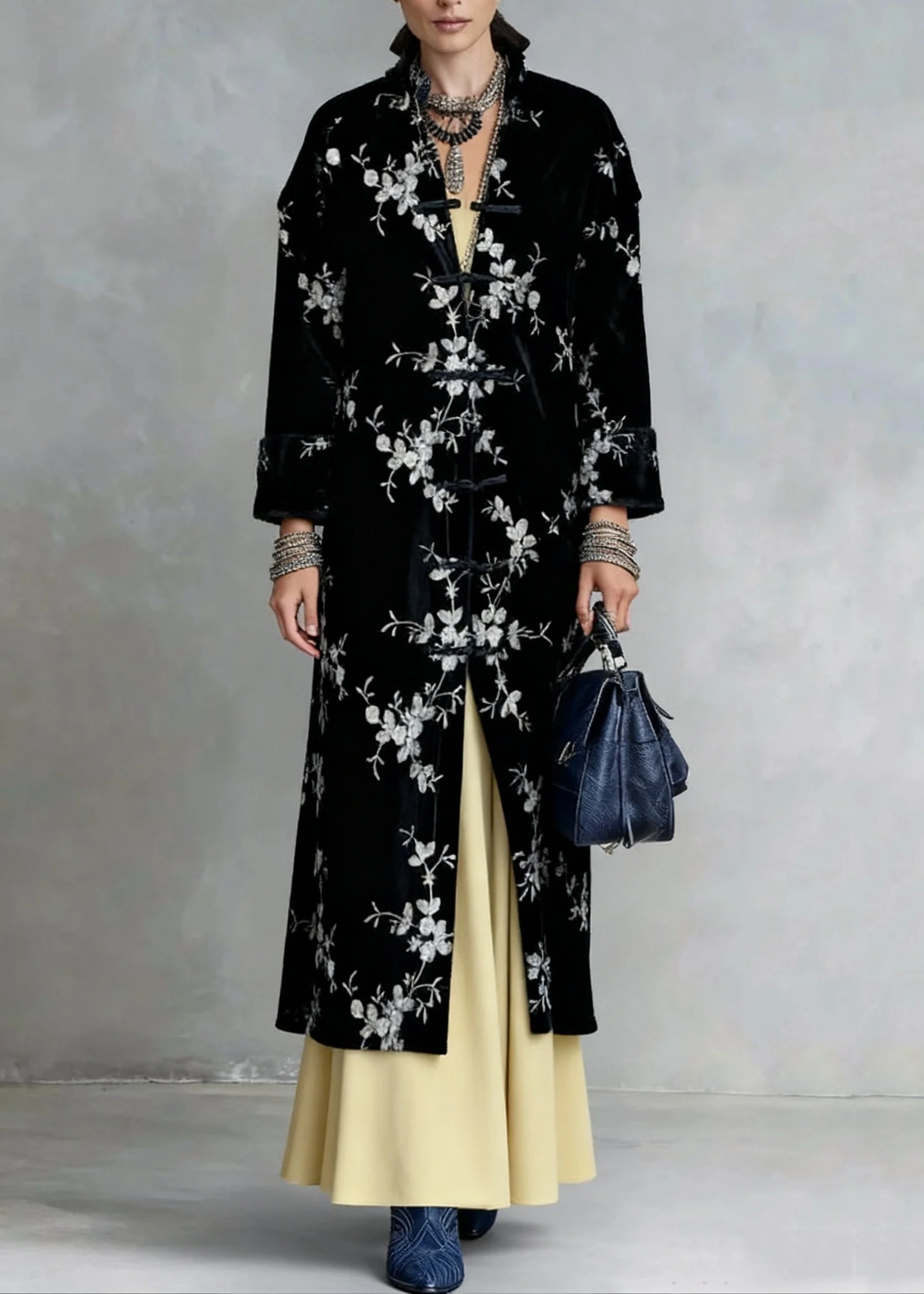 Slim Fit Black Chinese Button Print Silk Velvet Coat Spring