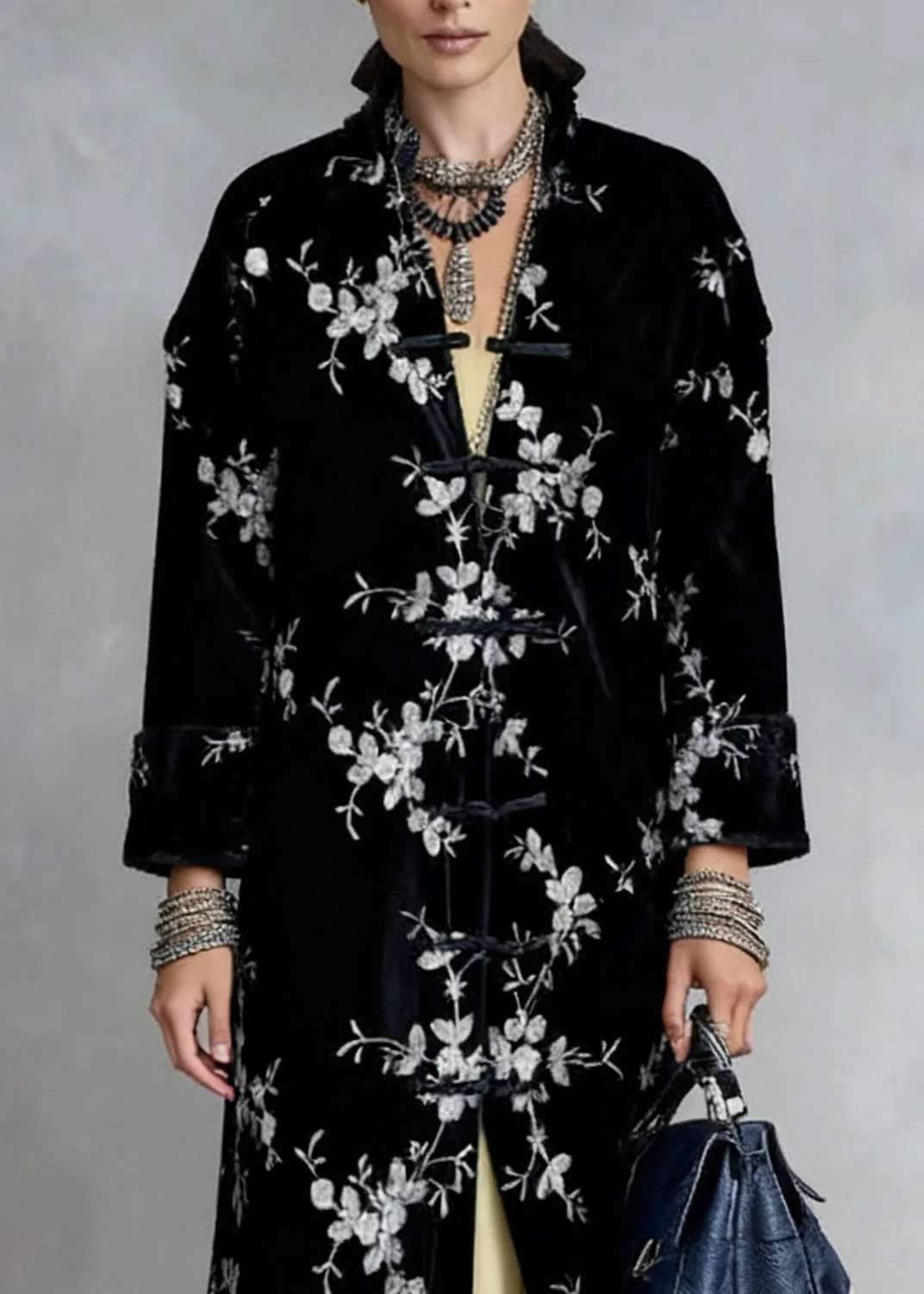 Slim Fit Black Chinese Button Print Silk Velvet Coat Spring - Image 2