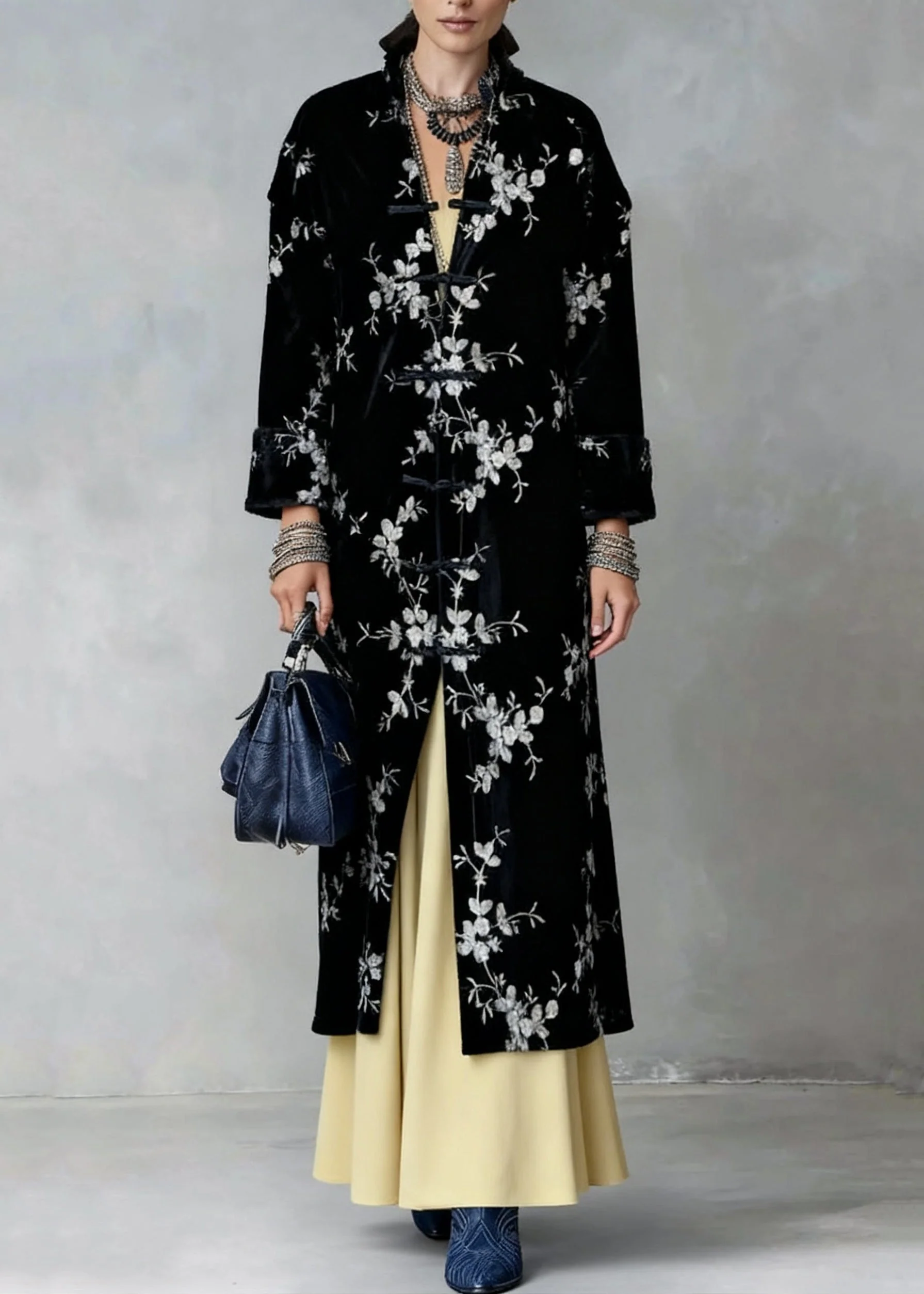 Slim Fit Black Chinese Button Print Silk Velvet Coat Spring - Image 3