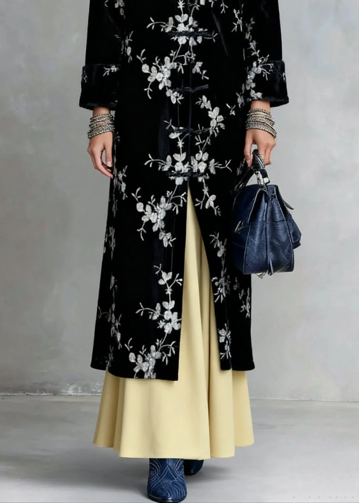 Slim Fit Black Chinese Button Print Silk Velvet Coat Spring - Image 4