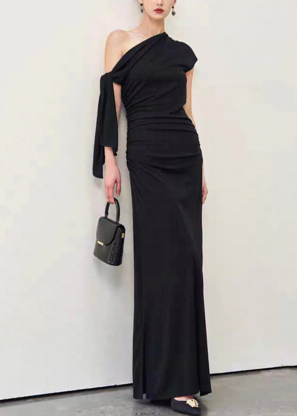 Slim Fit Black Cold Shoulder Lace Up Wrinkled Cotton Long Dress Summer - Image 2