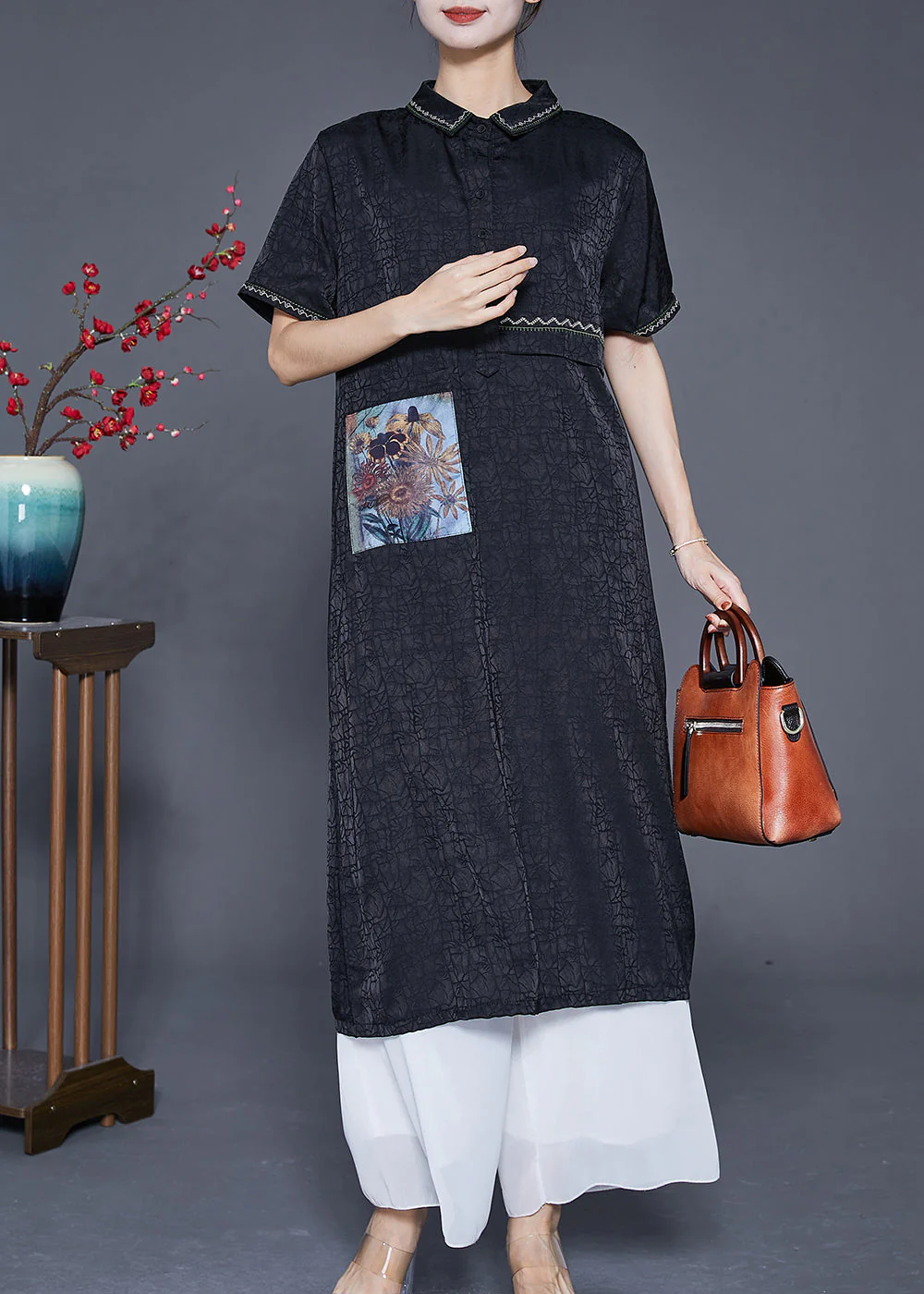 Slim Fit Black Embroideried Applique Silk Dresses Summer - Image 2