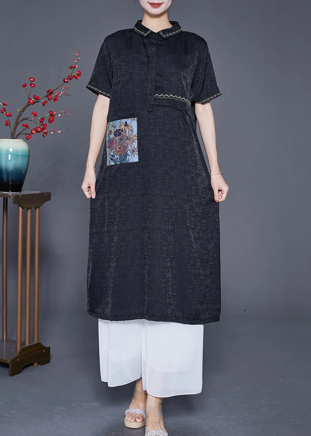 Slim Fit Black Embroideried Applique Silk Dresses Summer - Image 3